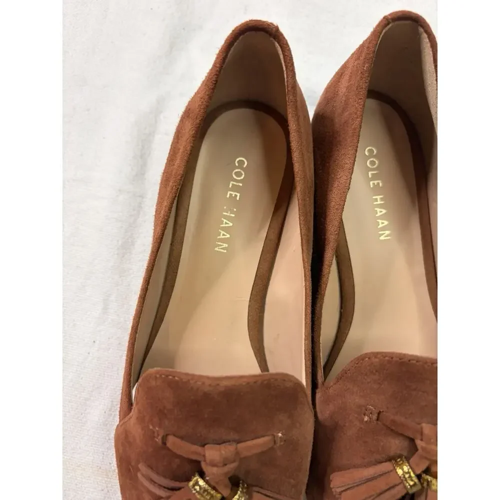 Cole Haan Vanya Tassel Pumps Womens 6B Brown Suede Block Heel Grand 360 Preppy